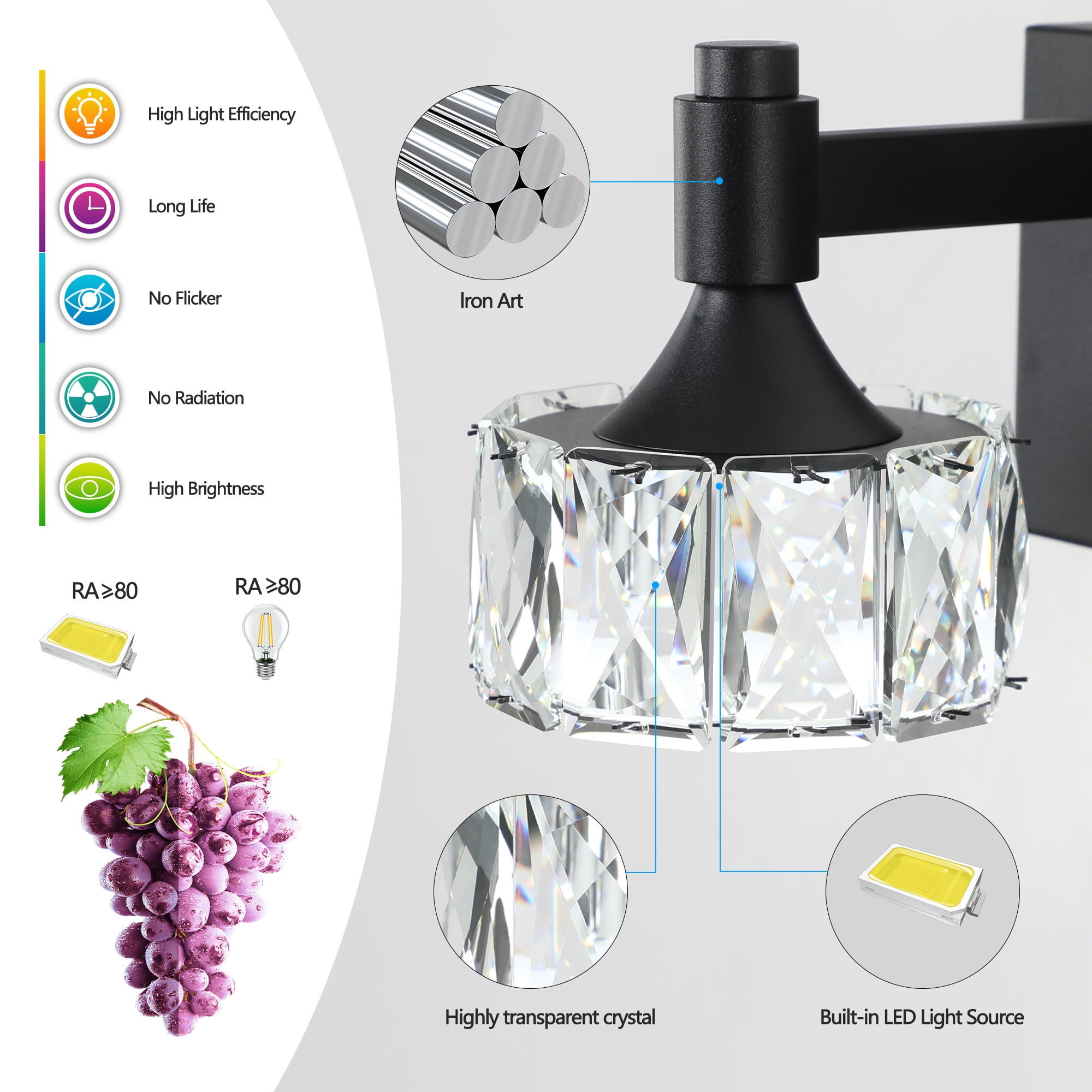 Crystal Vanity Lights for Bathroom,6 Light Bathroom Vanity Light, Modern 43.9in Light Over Mirror Light Fixtures Matte Black