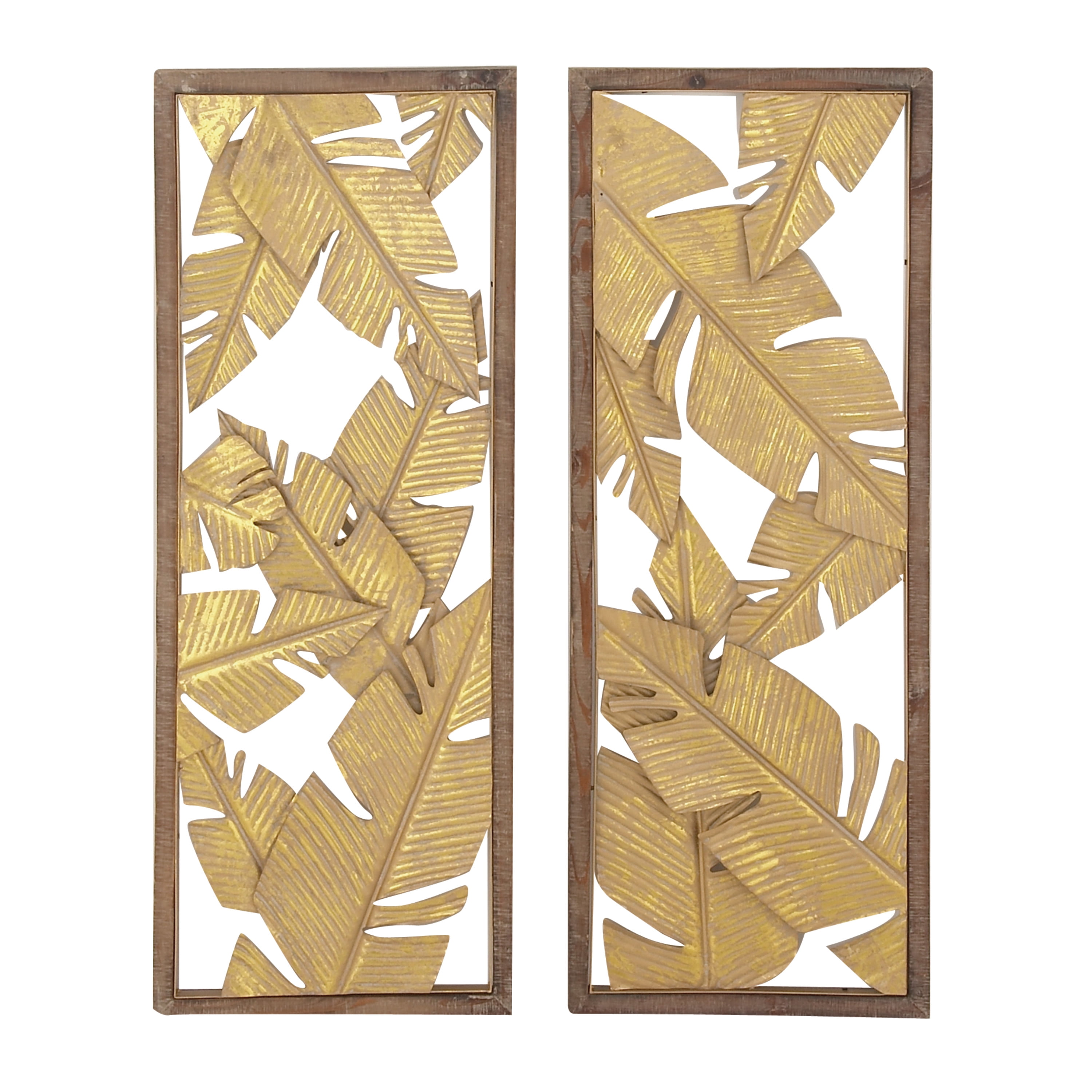DecMode Contemporary Metal Banana Leaves Wall Décor, Set of 2 13"W x 34"H with Stained Yellow and Gold Finish