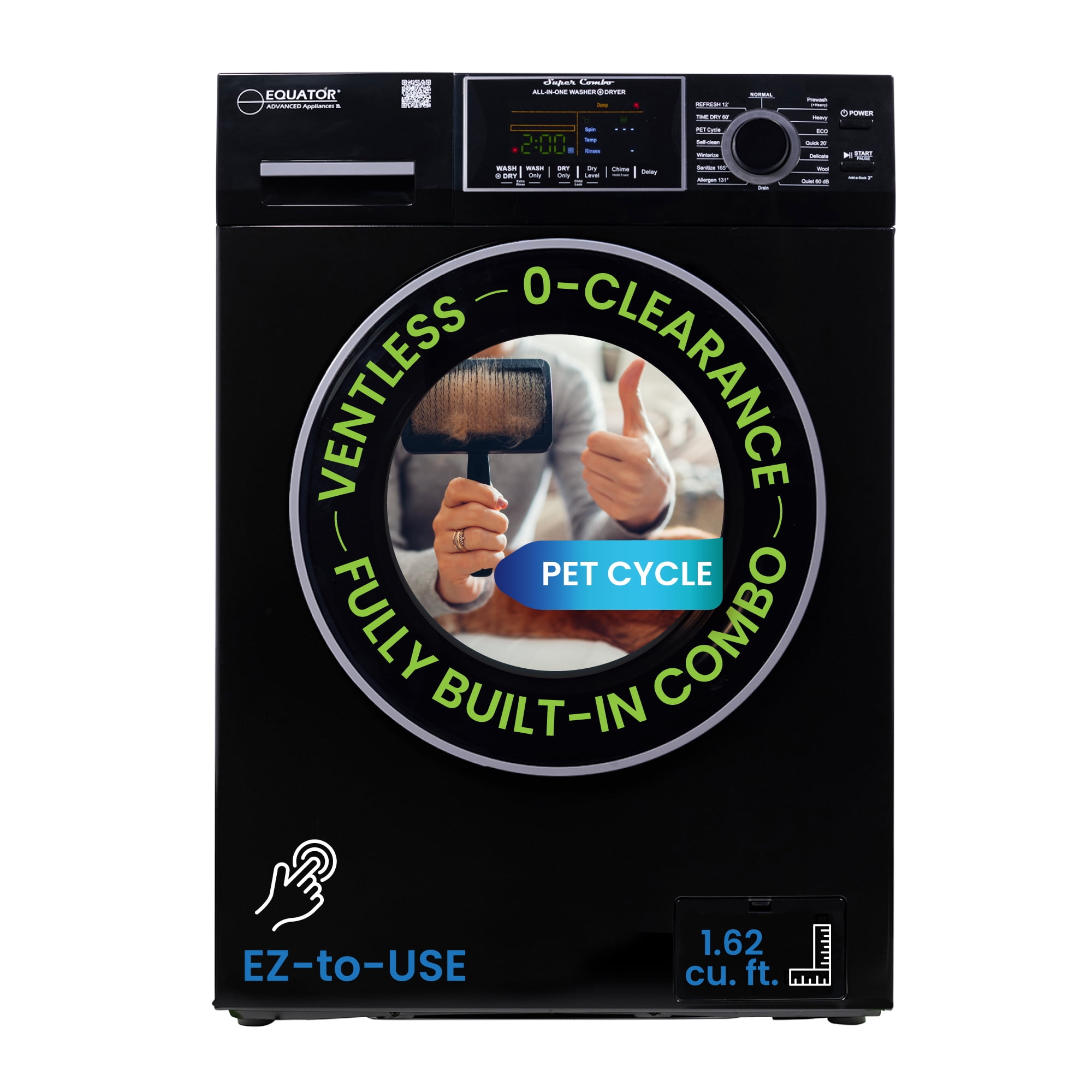 Equator Fully Built-in All-in-One Combo Washer-Dryer Ventless 1.62 cf/15lbs 110V Black