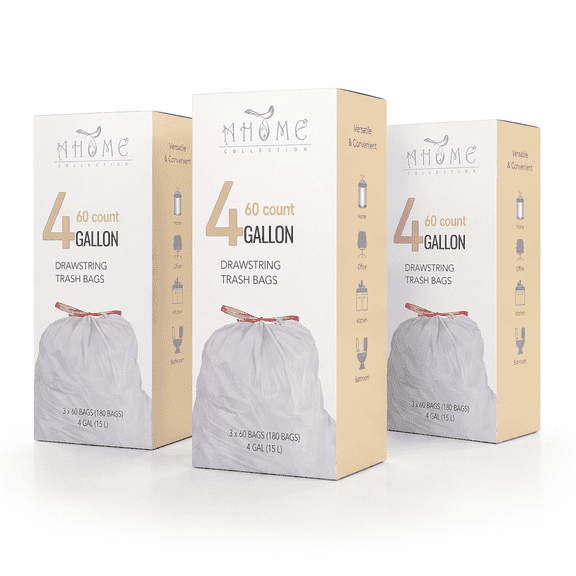 A*Homeist 4 Gallon Drawstring Trash Bag Car Garbage Bags Trash Can Liners 0.7 Mil Thick, White Unscented, 180 Count in 3 Packs