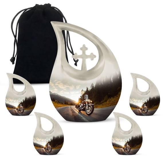 MUKTIVE Bike Urn for Adult Ashes, Cremation Urns for Male & Female, Combo Sets Funeral Urns for Man, Urn for Women, Decorative Funeral for Mom & Dad(1 Large 10 ", 4 Keepsake 3 ") With Velvet Bag