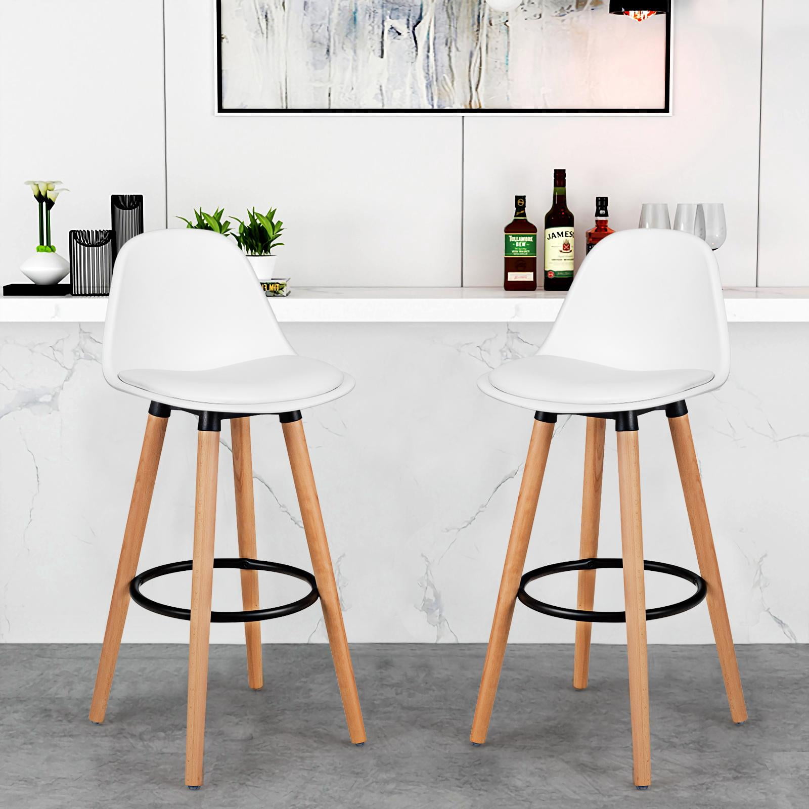 Giantex Set of 2 Dining Room Chair w/ Solid Beech Wood Legs, Upholstery High Chair Set, Scandinavian Kitchen Chair w/ Footrest, Retro Bar Stools for Living room, Loadable Up to 330 LBS, White