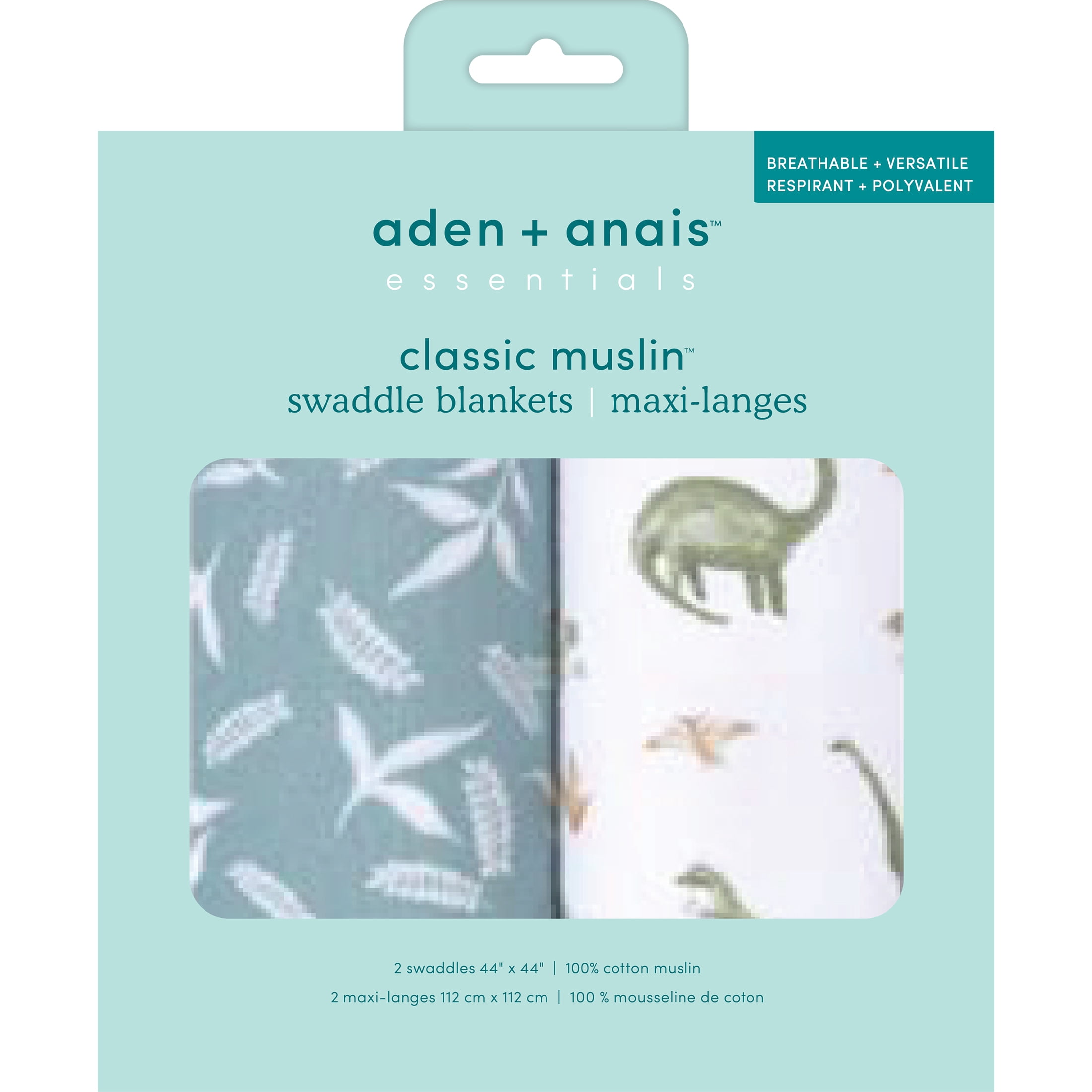 aden + anais Essentials Muslin Swaddle Blankets, Newborn Receiving Blanket for Swaddling, 100% Cotton Baby Swaddle Wrap, 2 Pack, Dino Jungle, Blue