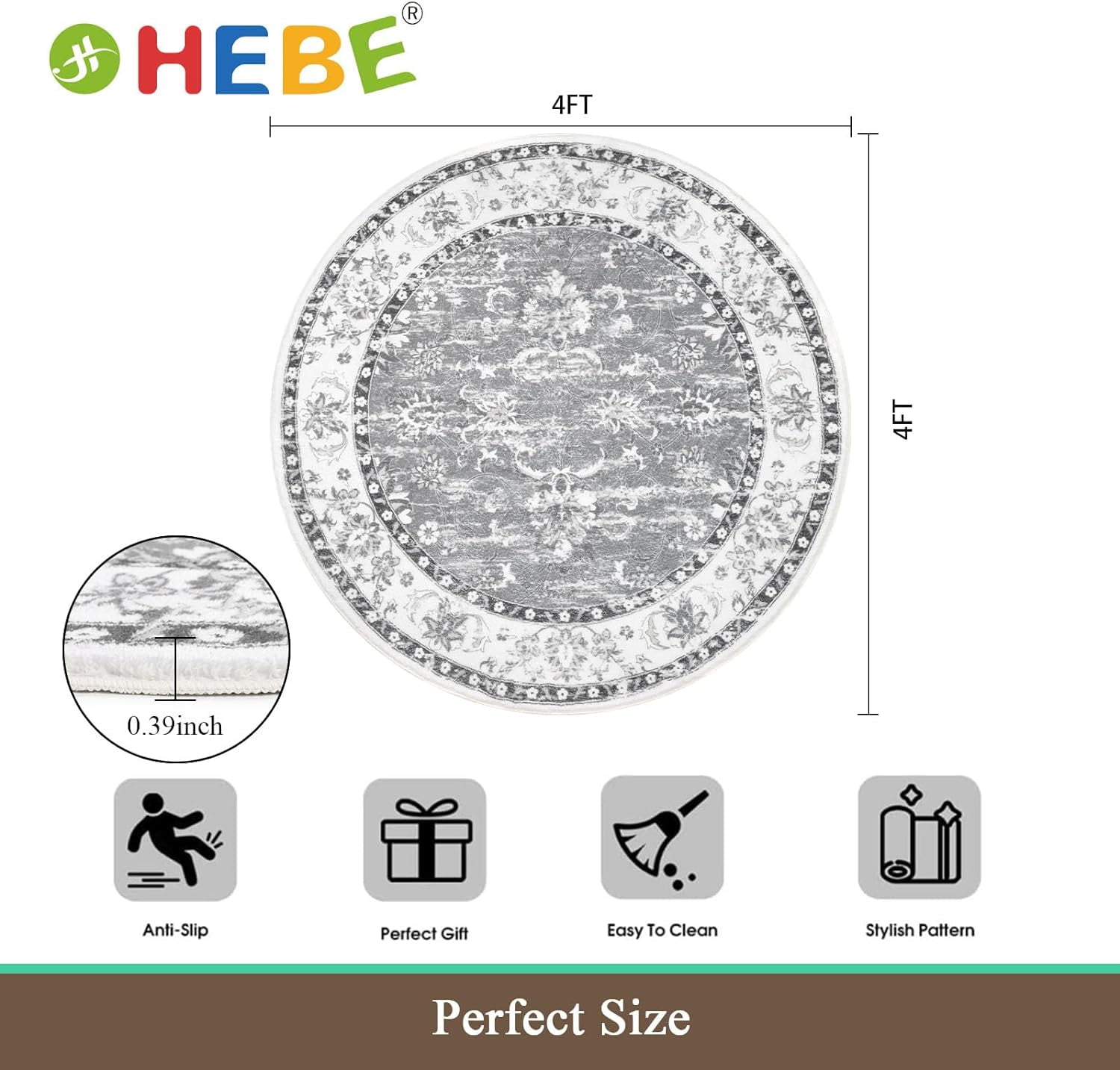 MJIAexp 4ft Mandala Boho Round Rug Circle Rug Non-Slip Machine Washable Area Rug Soft Bedroom Rug Throw Rug Vintage Carpet for Living Room Kitchen Dorm Coffee Table Distressed Gray