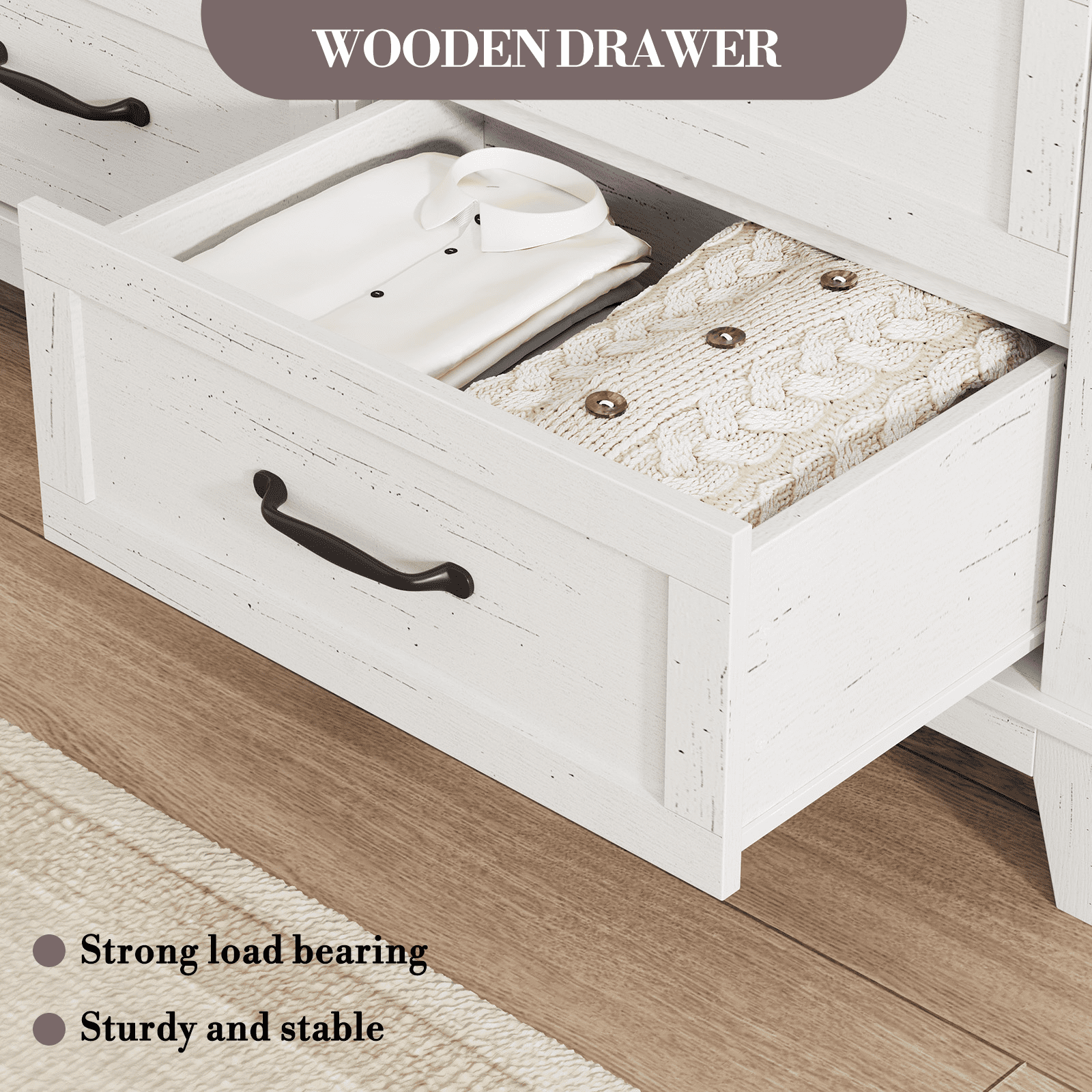 Modern 6 Drawers Dresser for Bedroom, 47" Wide Wooden Storage Chest with Antique Handles, Modern Farmhouse Dresser TV Stand with Wood Legs for Closet, Living Room, Hallway