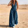 thumbnail image 6 of Women's Fashion Casual Solid Color Deep V Halter Neck Sleeveless Jumpsuit Ruched Detail Pockets Long Pants One Piece Blue XL(XL), 6 of 7