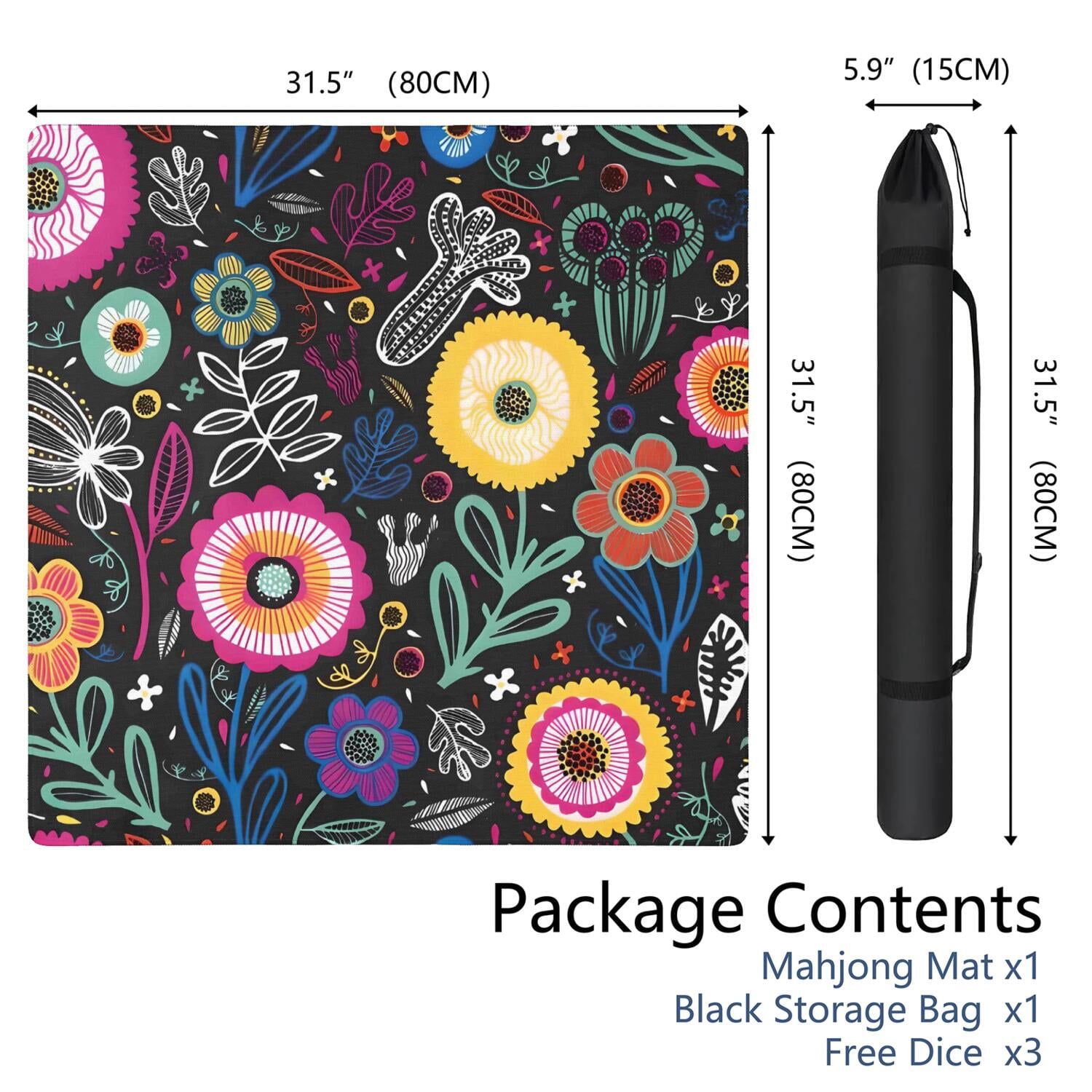 Boho Mahjong Mat for Table, 31.5*31.5in Anti Slip American Mahjong Table Cloth, Noise Reduction, Neoprene Mah jongg Mat with Carrying Bag & 3 Dices, Mahjong Accessories Gift for Board Tile Games Mats