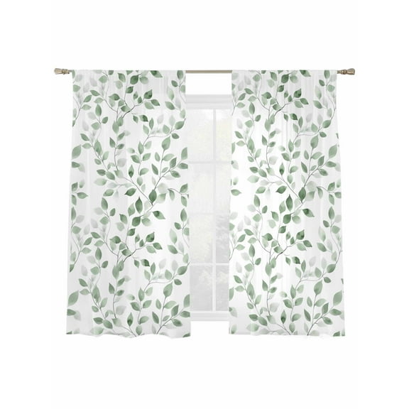 Green Eucalyptus Leaves Sheer Curtains 72 Inch Length 2 Panels Set, Semi Transparent Voile Rod Pocket Curtains for Living Dining Room Bedroom Drapes Summer Botanical Watercolor Retro