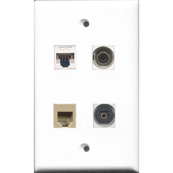 RiteAV - 1 Port Phone RJ11 RJ12 Beige and 1 Port Toslink and 1 Port 3.5mm and 1 Port Cat5e Ethernet White Wall Plate