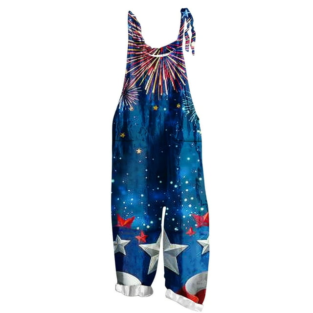 Combinaison Sans Manches Imprimée pour la Fête de l'Indépendance pour Femmes, Polyester Décontracté à Deux Poches, Longueur Régulière, Bleu, Lavage à la Main Froid