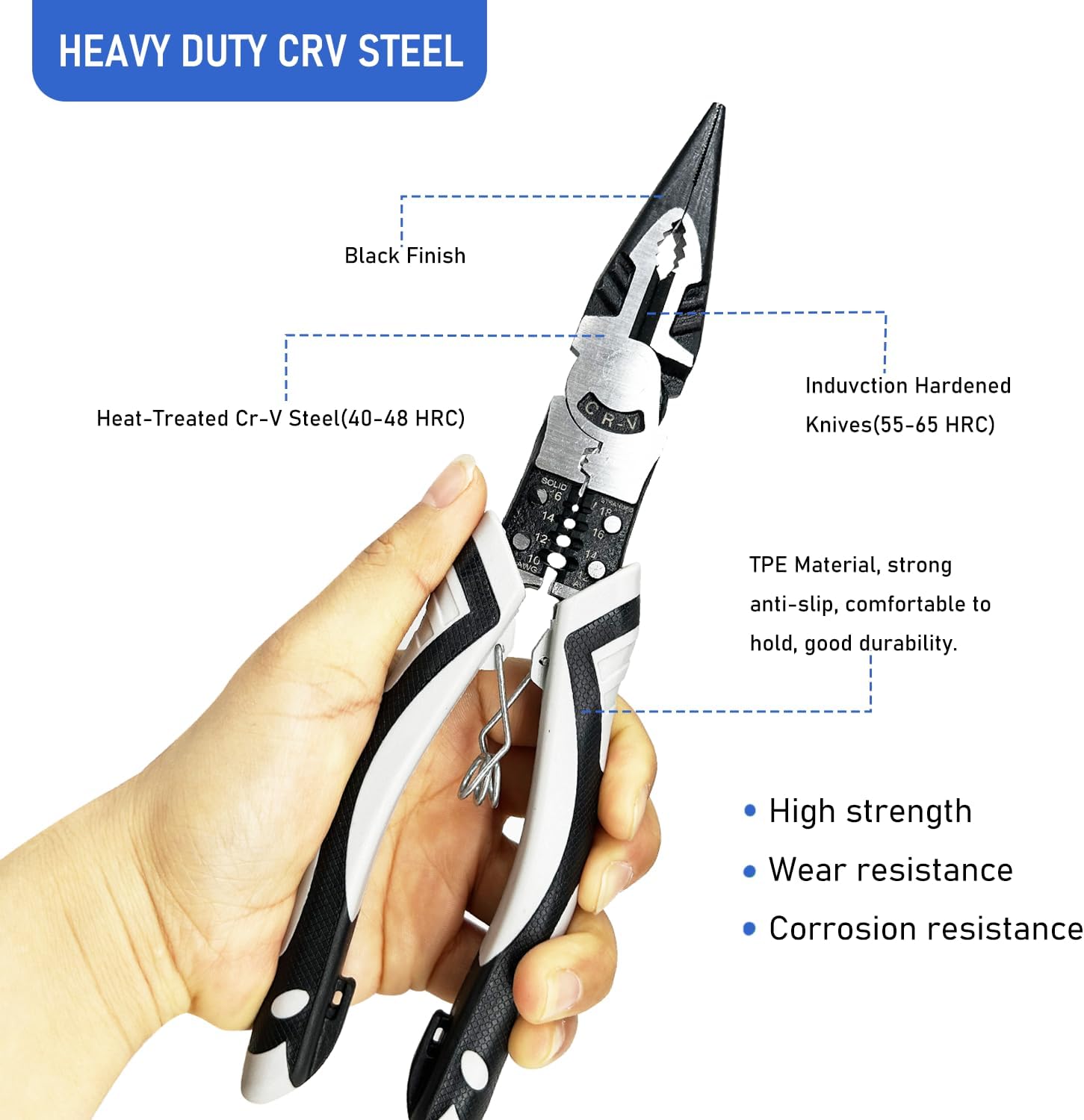 ABCISI 9-inch Needle Nose Pliers with Wire Stripper/Crimper/Cutter, Chrome Vanadium Steel Industrial Grade Multifunctional Precision Pliers with Sharp and Hardened Cutting Edges