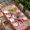 Rose Red Green Beige, variant on Valentine's Day Table Cloths for 6 Foot Rectangle Tables, Red Gnomes Roses Love Wood Grain Brown Patio Waterproof Elastic Fitted Tablecloths, Washable Rectangular Table Cover for Camping