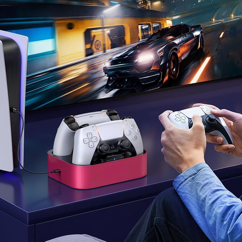 Party-Ready PS5 Charger Station for DualSense & Edge - Fast Dual Controller Drop & Charge Dock with Cable for PlayStation 5-Red