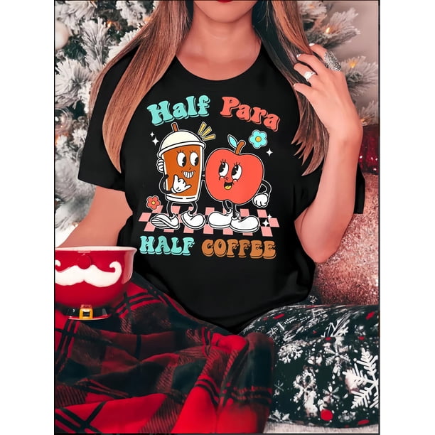 Camiseta gráfica de café divertido para mujer: diseño "Half Par Half Coffee" con divertidos personajes de dibujos animados. Camiseta informal de cuello redondo y manga corta. Cómoda prenda de verano p