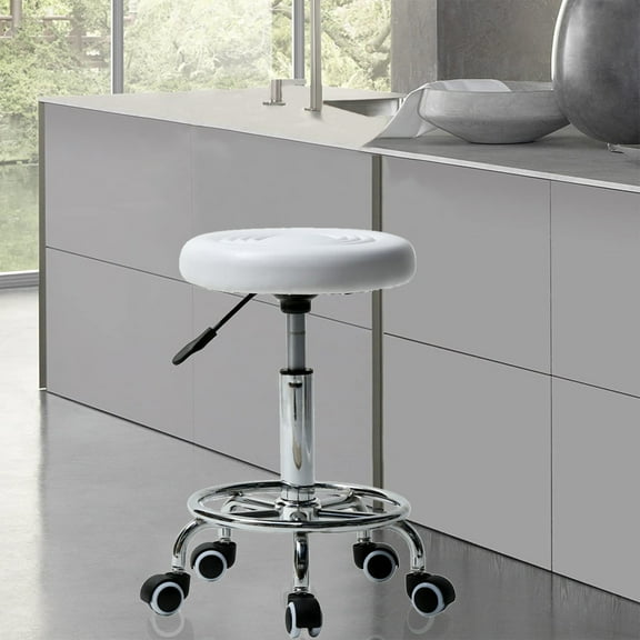Height Adjustable Rolling Stools, Swivel Stool with 5 Casters, Lifting Bar Stool, Leather Round Stool with Lines, Fashionable Versatile Rotation Stool, Indoor 360 Degree Rotation Chairs, White, Y0547