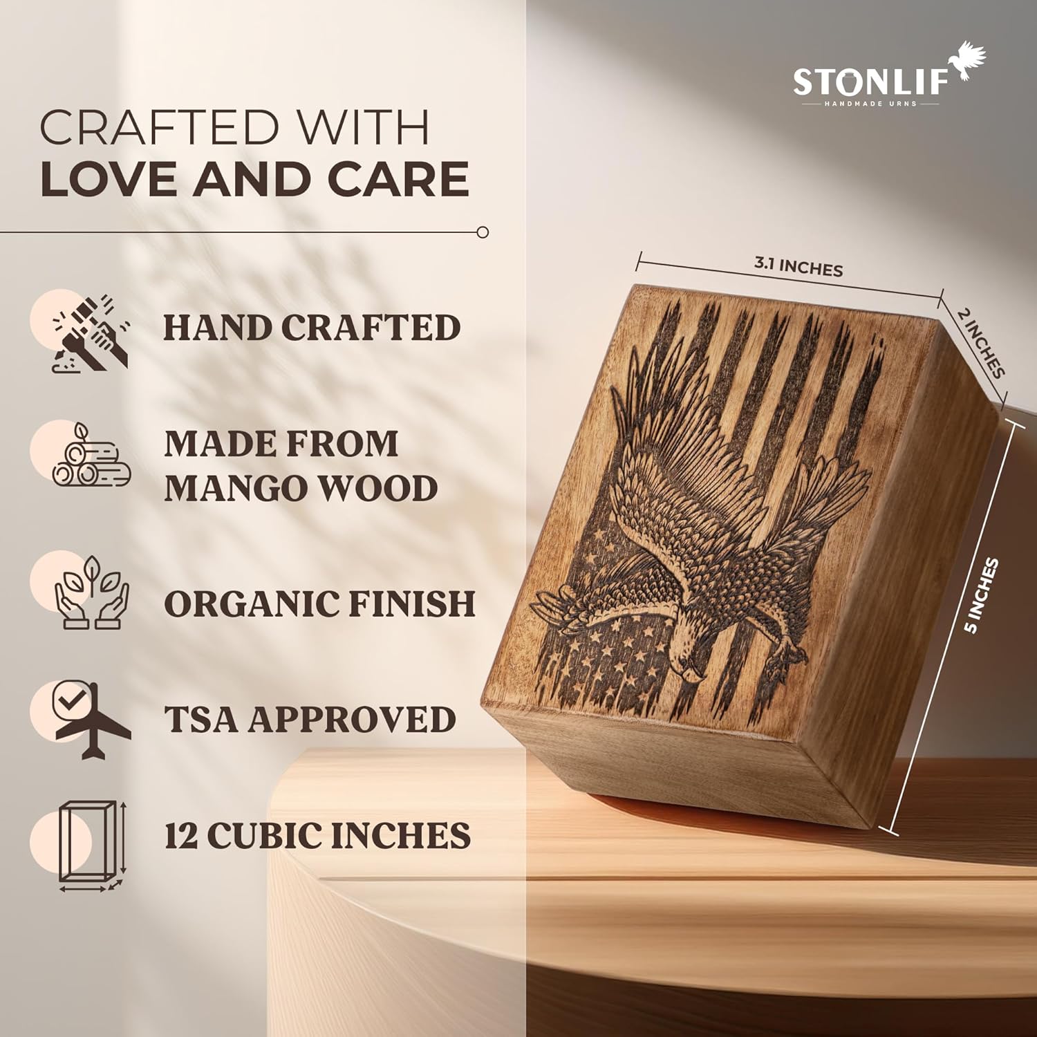 Cremation Urns for Human Ashes - American Eagle Wooden Box and Casket for Men, Women and Child Ashes - Funeral Memorial Burial Urn for Cat Dog Pet Ashes - Keepsake (12 Cu/in)