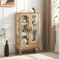 Gzxs Curio Cabinet with Tempered Glass Doors, Lighted Display Cabinet with Mirrored Back Panel, Adjustable Shelves, Cable Management Hole, for Home Office, Light Included, Natural