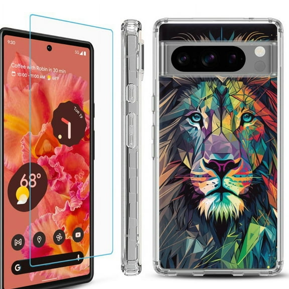 OneToughShield ® Compatible with Google Pixel 8 Pro, Shockproof Phone Case, with Tempered Glass Screen Protector - Geometric Lion