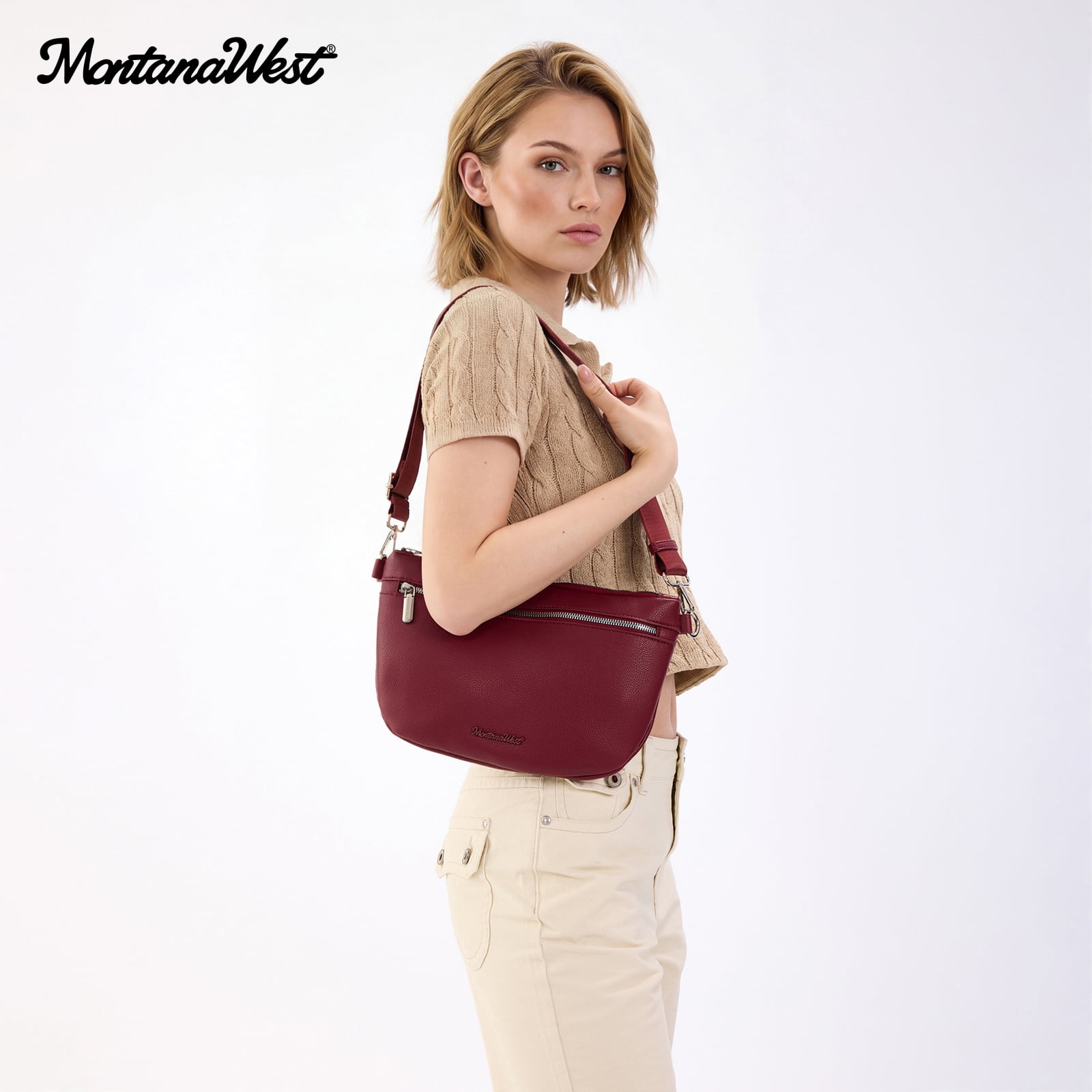 Montana West Crossbody Bag for Women with Dual Zipper Pockets, Burgundy