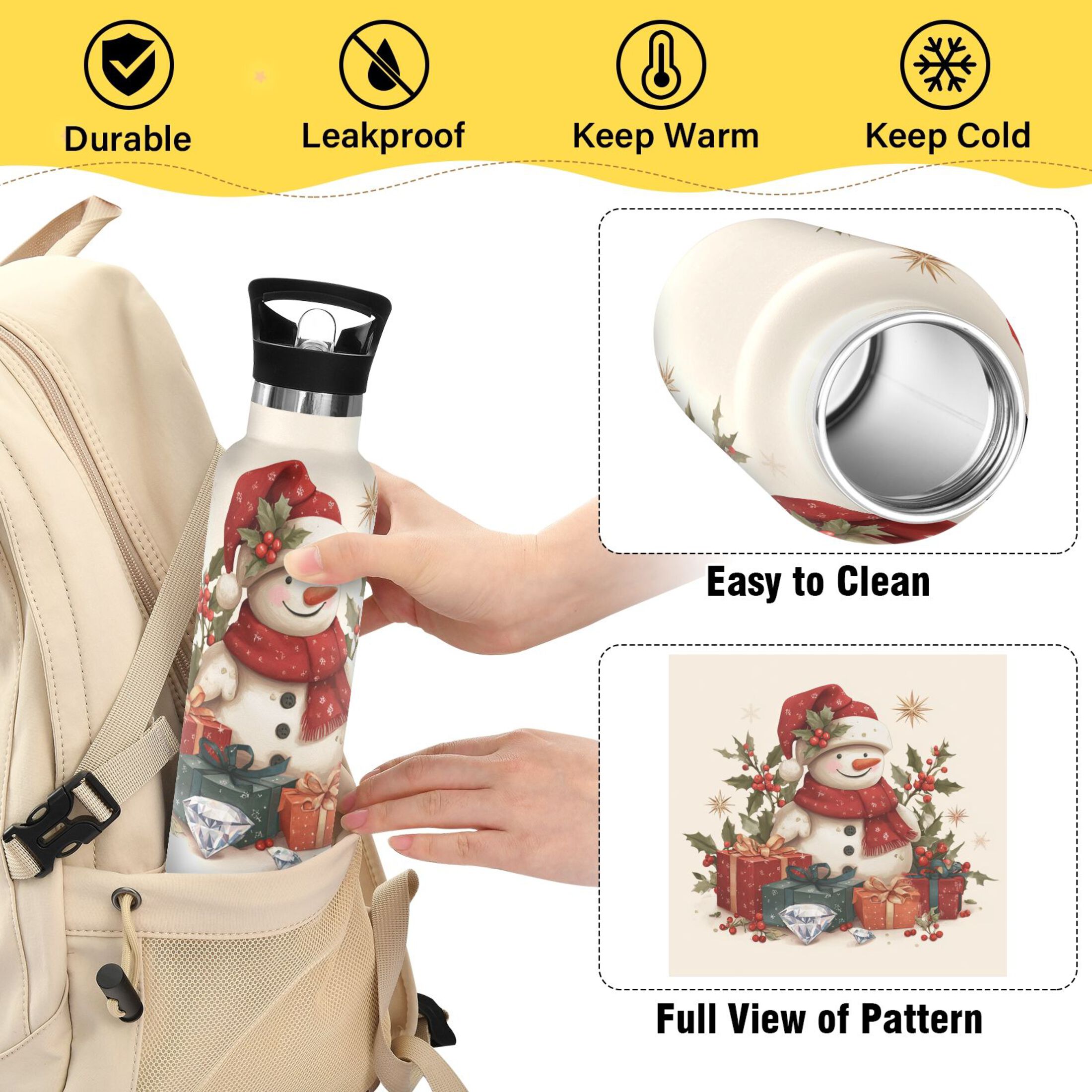 600ML Stainless Steel Insulated Cup Sports Water Bottle Portable Thermos Cup Water Glasses Insulated Tumblers Convenient and Durable Warm Christmas Snowman Beautiful