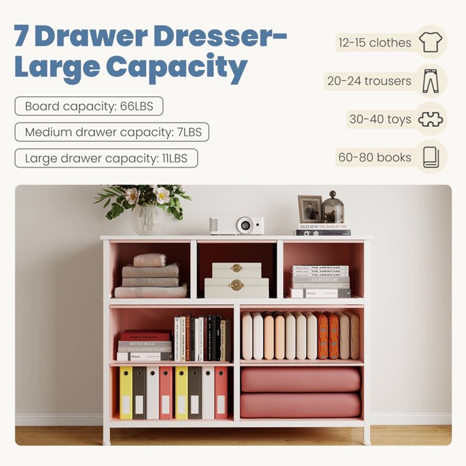 Nextay 7-Drawer Fabric Dresser TV Stand for 45" TV, Storage Dresser Closet with Steel Frame & Wooden Top for Living Room, Dressing Room, Entryway, Pink