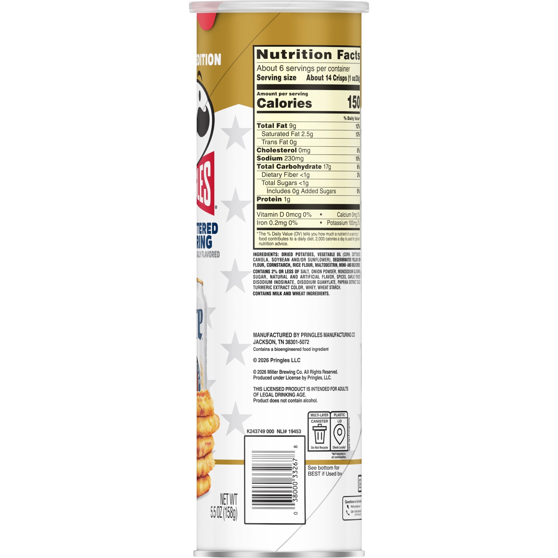 Pringles Beer-Battered Onion Ring Potato Crisps Chips, Lunch Snacks, 5.5 oz Canister