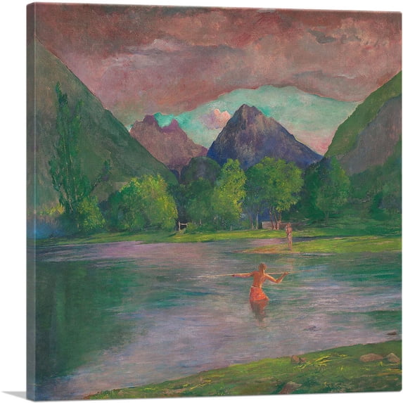 ARTCANVAS Afterglow Tautira River Tahiti Fisherman Spearing Fish 1895 Canvas Art Print by John La Farge - Size: 36" x 36" (1.50" Deep)