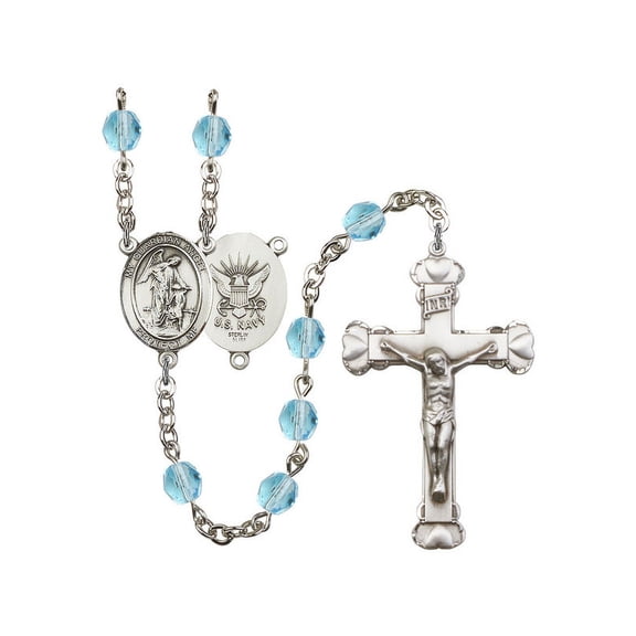 Guardian Angel / Navy Silver-Plated Rosary 6mm March Light Blue Fire Polished Beads Crucifix Size 1 5/8 x 1 medal charm