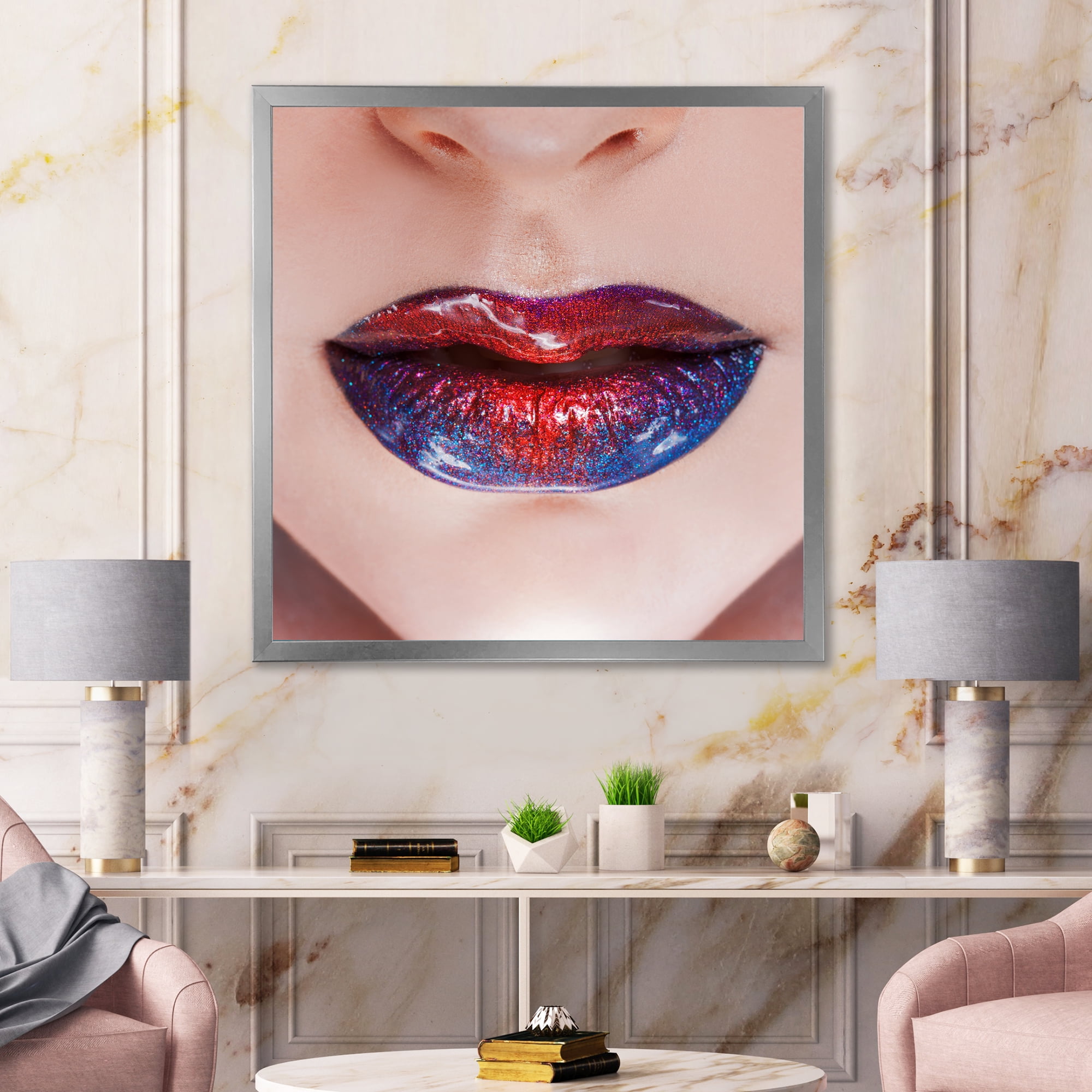 Designart 'Beautiful Women Lips With Red and Blue Lipstick' Modern Framed Art Print
