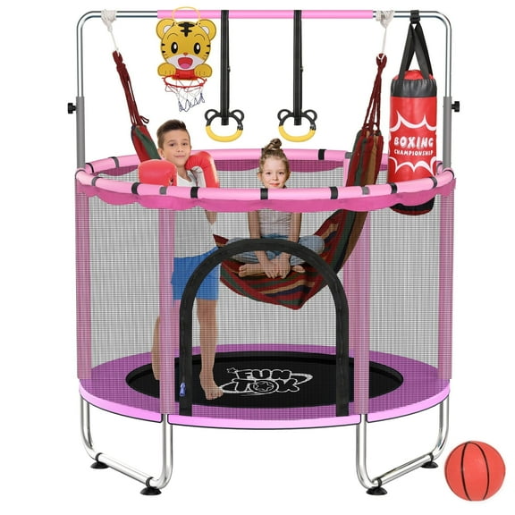 DOUXLIFE Trampoline for Kids w/ Swing 440LBS, 55" Mini Trampoline for Toddler Age 2-5, Adjustable Mini Indoor Small Trampoline w/ Net Basketball Hoop, Sandbag, Hanging Rings, Pink