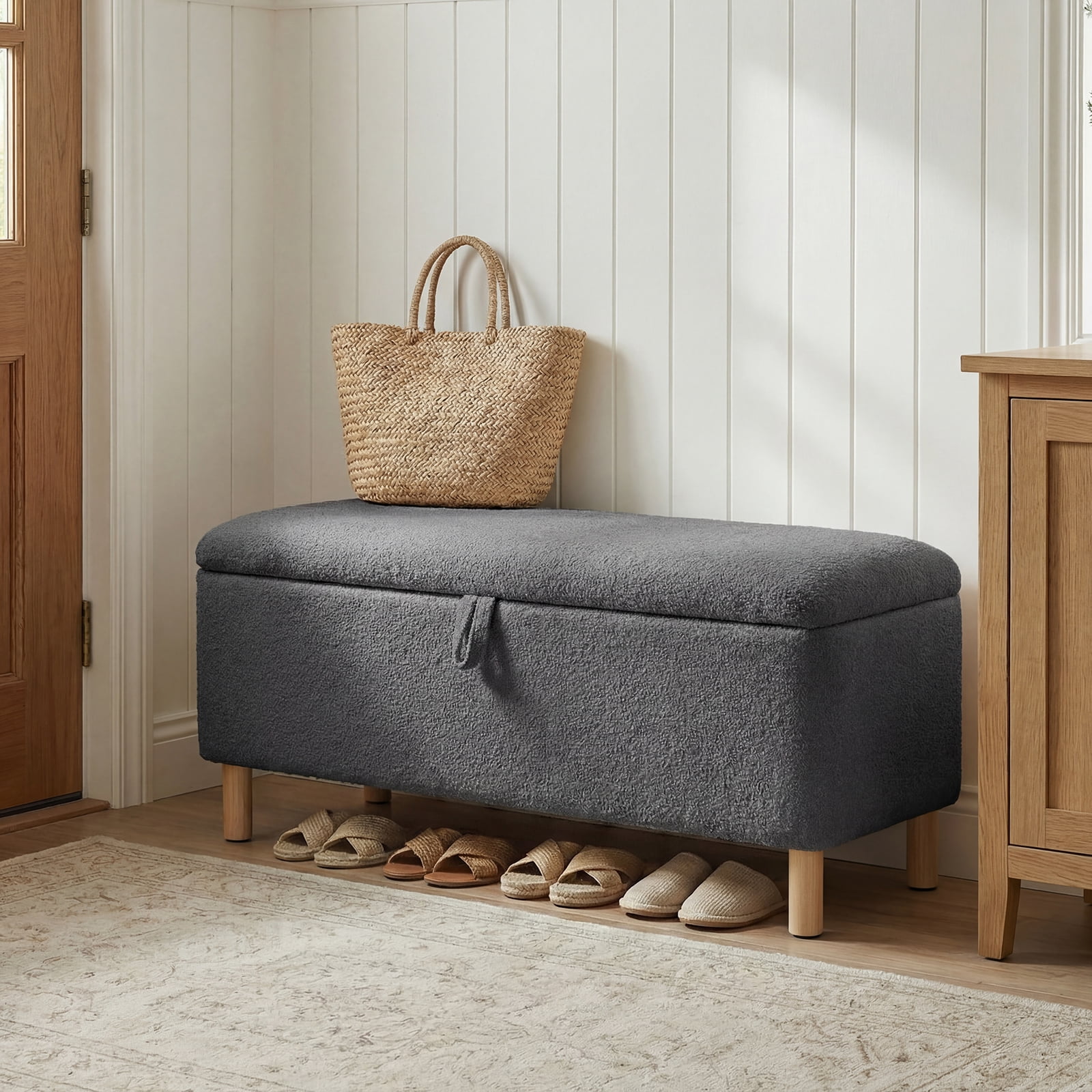 AFO 40" Storage Ottoman Bench, Large 80L End of Bed Bench with Safety Hinge, Upholstered Footrest for Bedroom Living Room Entryway, Dark Gray