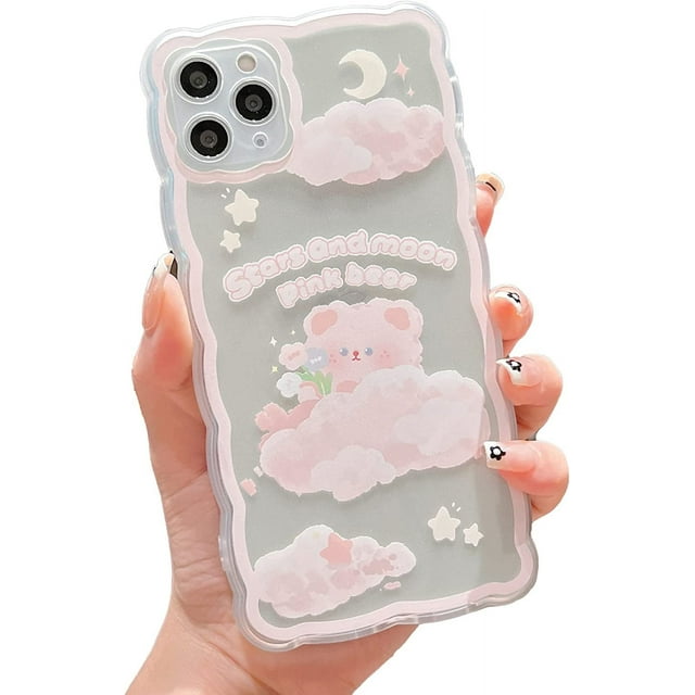 Compatible con iPhone 11 Pro Max Funda con diseño de dibujos animados florales, nubes, luna y oso para mujeres y niñas, estética kawaii, delgada, suave, TPU transparente para iPhone 11 Pro Max de 6,5