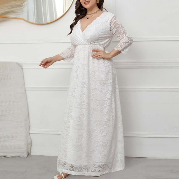 Short Sleeve Dress for Women Fashion Hollow Out Lace Long Dress Evening Dress Party Dress on Clearance