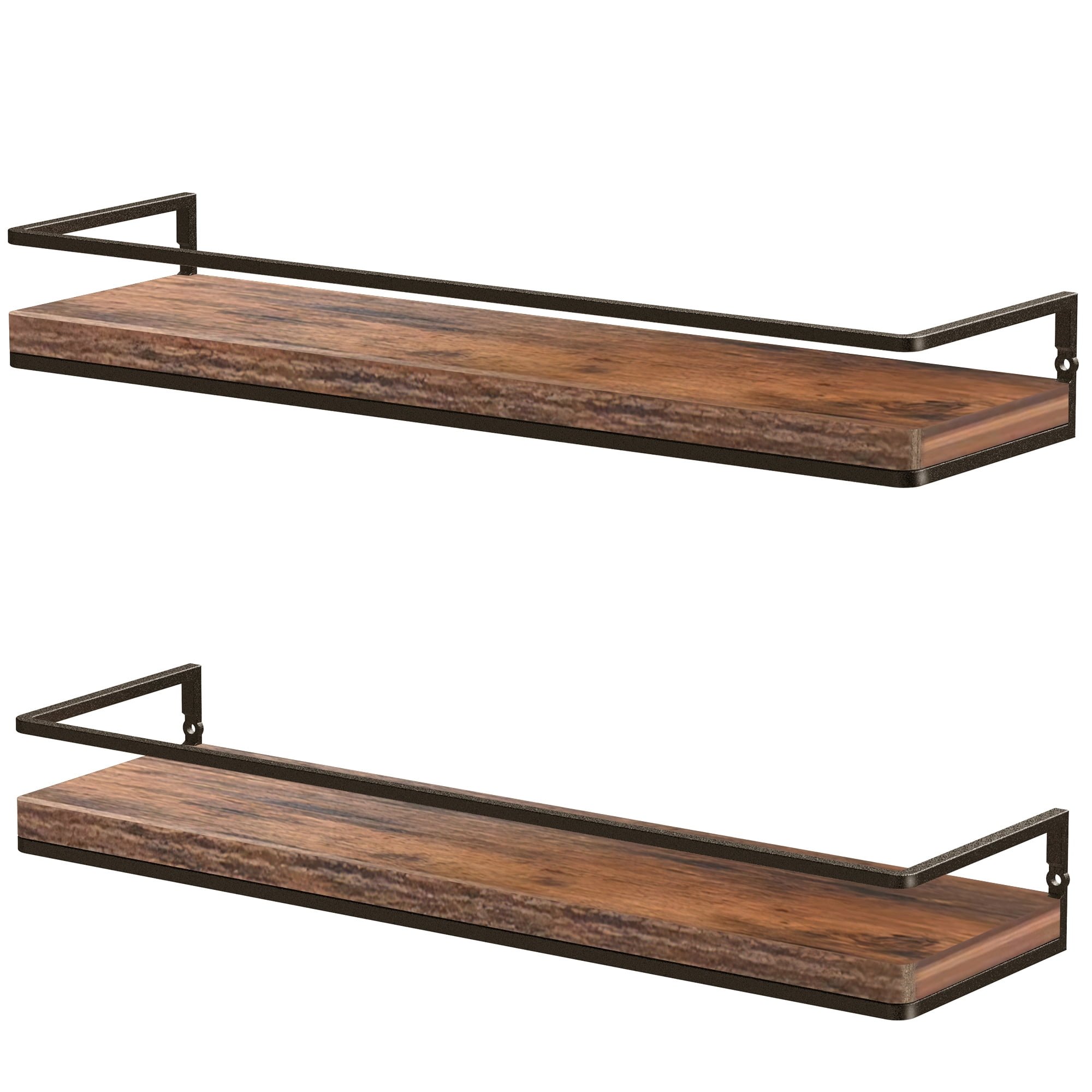Meangood Floating Shelves Wall Mounted Set of 2, Rustic Wood Wall Storage Shelves for Bedroom, Living Room, Bathroom, Kitchen (Brown)
