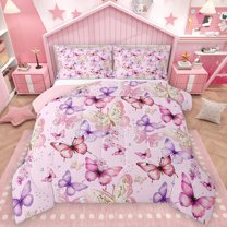 Homewish Colorful Butterflies 3 Pieces Queen Comforter Set For Children Kids Teens,Dreamy Princess Ultra Soft Bedding Sets,Pink Purple Bedding Comforter Set,Luxury Bedroom Decor,Reversible