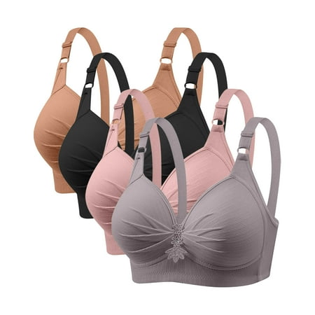 GERsome Pack of 4 Assorted Color Comfortable Full Coverage Bra for Women Wireless Bras with Soft Support Plus Size Everyday Bras 4PC#Pink/Black/Gray/Khaki L