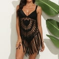 thumbnail image 2 of JIAYUE Womens Swimsuit Cover-Ups Deep V Neck Sleeveless Above Knee Sexy Pure Color Crochet Hollow Tassel Beach Spaghetti Strap Bathing Suit Cover Up Top, 2 of 5