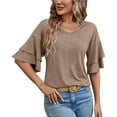 thumbnail image 2 of Tittly T Shirts for Women V Neck T Shirts for Women Womens Casual Blouses Summer Fashion Clothes Double Tiered Half Bell Sleeve Top Crewneck Loose Fit T Shirts Tshirts Shirts Womens Tops Khaki L, 2 of 6