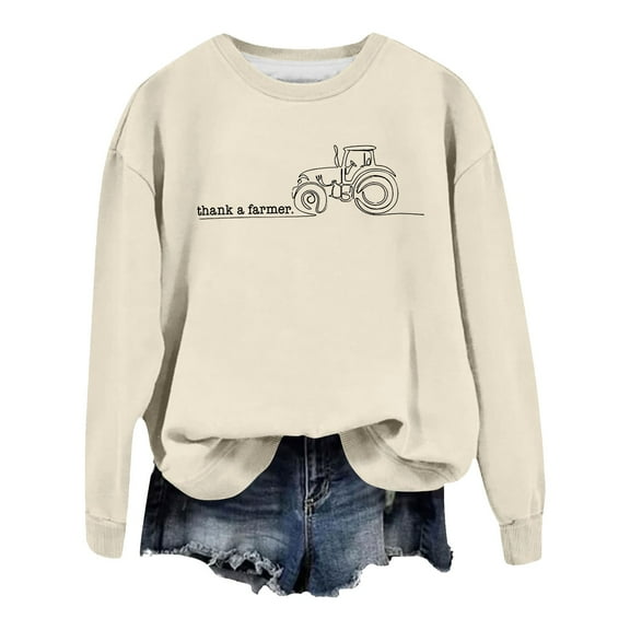 Fiaer Womens Sweatshirts Thank a Farmer Sweatshirt Farm Tractor Farming Pullover Crewneck Long Sleeve Plus Size Cute Graphic Baggy Tops Beige XL