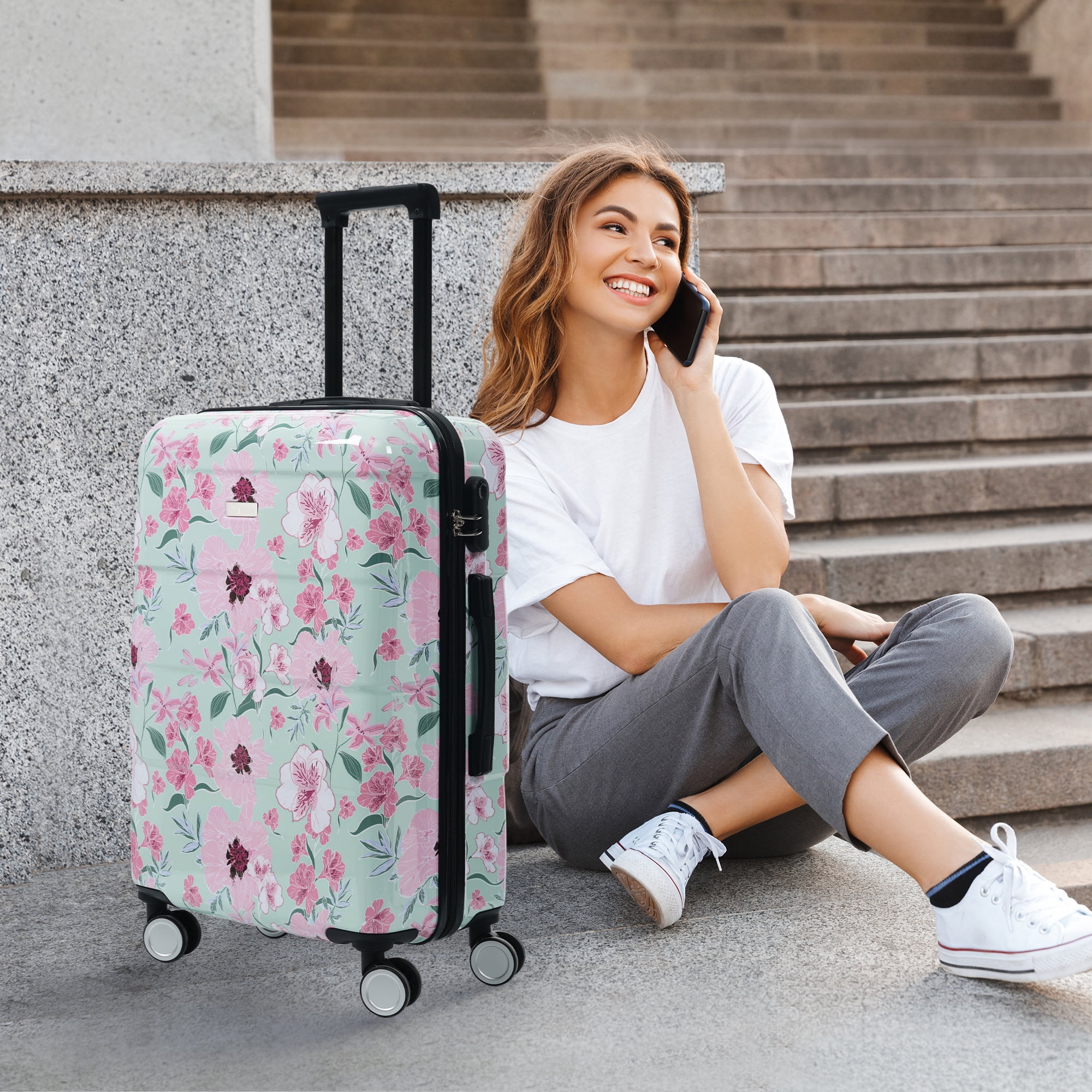 Euroco 5 Piece Luggage Sets with Spinner Wheels, Hardshell Lightweight Suitcase Set with TSA Locks and 2 Bags, Durable Checked Large Suitcase for Travel(8"/14"/20"/24"/28"),Green & Pink Flower