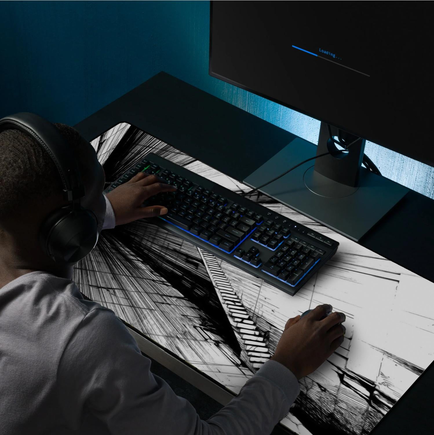 Futuristic Tunnel Design Gaming Mousepad, Large Desk Mat with Abstract Black and White Art, Anti-Slip Rubber Base Anime Desk Pad