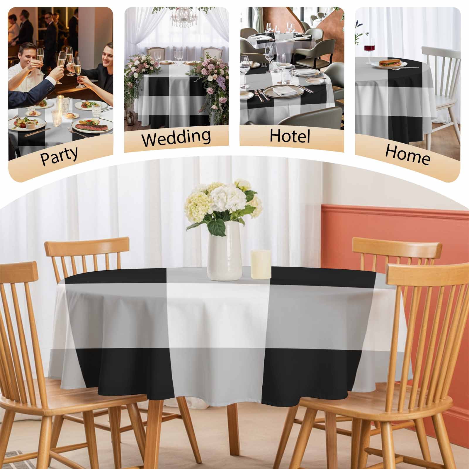 Round Tablecloth Black White Plaid Waterproof Oil Proof Polyester Table Cloth Cover Decor for Home Dining Outdoor,Patio,Parties, 60" Dia. Checkerd Pattern