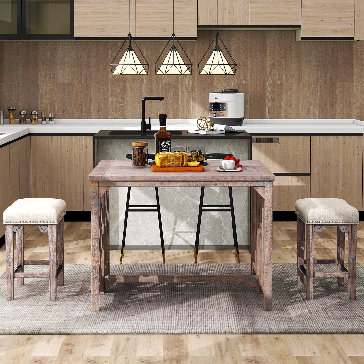 Kadyn 3-Piece Retro Dining Set, Foldable Table and 2 Saddle Stools Set, Solid Wood Counter Height Pub Set for Kitchen, Distressed Brown Kadyn 3-Piece Retro Dining Set, Foldable Table and 2 Saddle Stools Set, Solid Wood Counter Height Pub Set for Kitchen, Distressed Brown