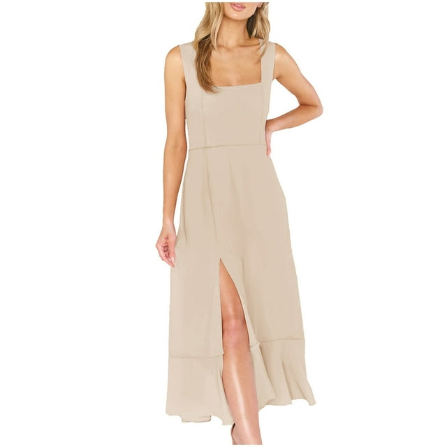jovati Robe d'Été pour Femmes avec Manches Été Femmes Nouvelle Bretelle Bandage Sans Manches Encolure Carrée Mode Robe Unie à Fente Robe à Encolure Carrée pour Femmes Vestes de Printemps pour Femmes Mode
