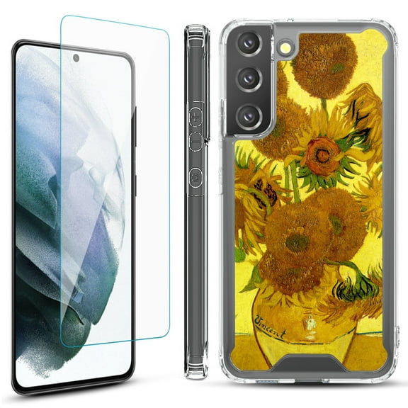 Shockproof Bumper Phone Case for Samsung Galaxy S22  / S22 Plus 5G, with Tempered Glass Screen Protector, by OneToughShield ® - Sunflower
