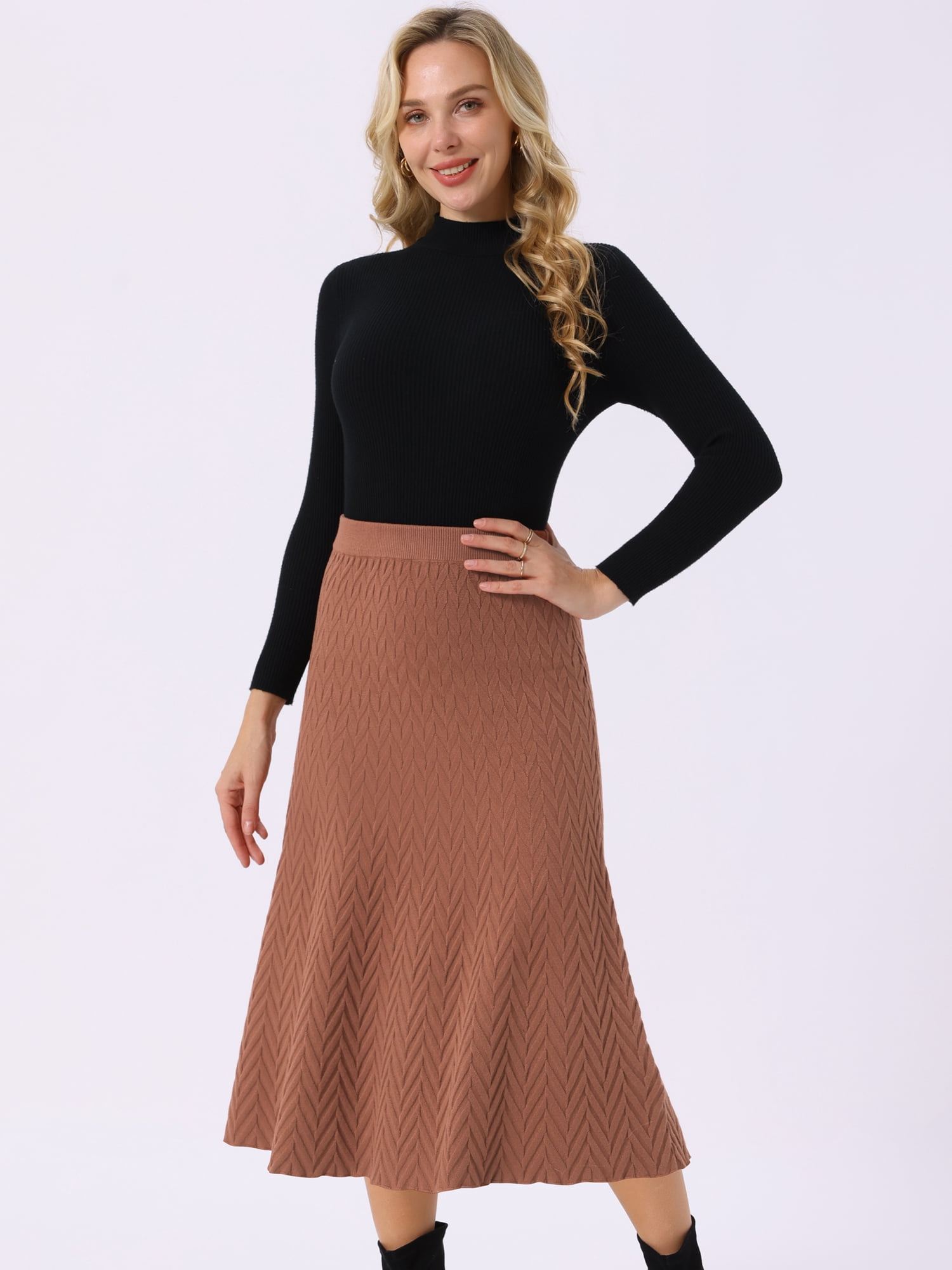 DARING DIVA Women's A-Line Skirts Stretchy Sweater Midi Skirt XL Caramel