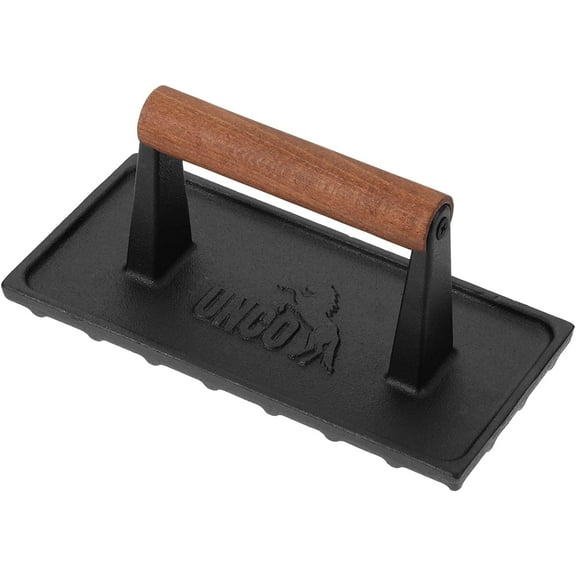 UNCO- Cast Iron Grill Press, 8.5 x 4.1 Inch, 2.7 lbs, Burger Press for Griddle, Sandwich Press, Bacon Press for Griddle, Griddle Press, Meat Press Cast Iron, Hamburger Press for Griddle