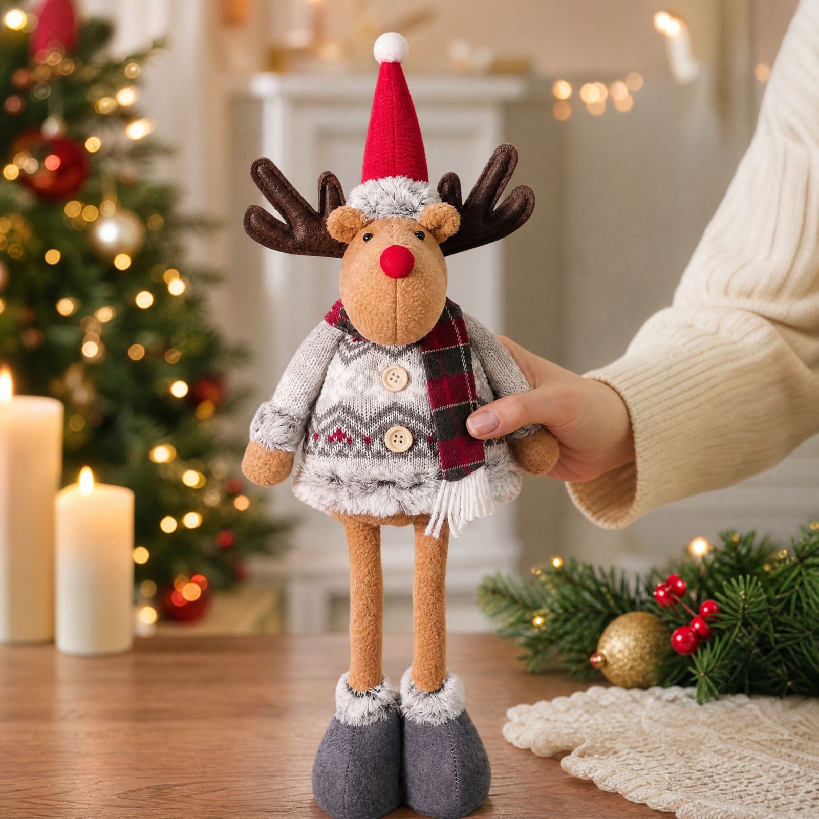 Retractable Reindeer Figurine with Adjustable Stretchable Body and Independent Standing Base for Christmas Window Display Decor and Festive Holiday Party Office Desk Gift
