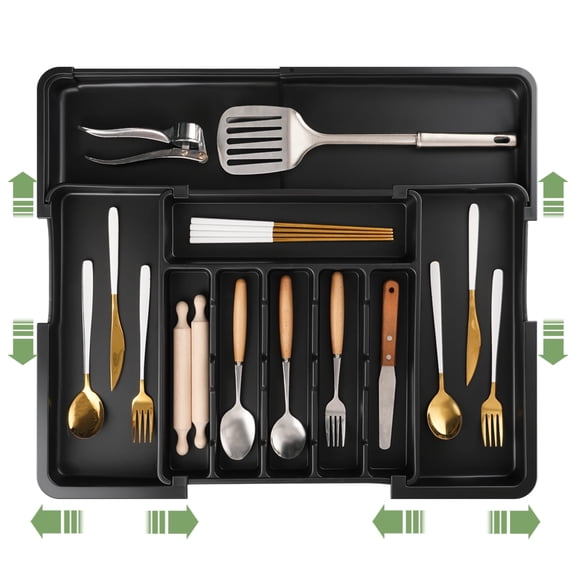 Lumikrypt Expandable Silverware Drawer Organizer, Adjustable 6-9 Compartment Kitchen Cutlery Tray for Utensils, Non-Slip Flatware Holder for Forks & Knives, Black