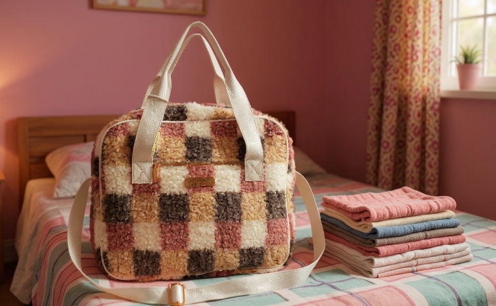 Jessica Simpson Overnight Weekender Duffle Travel Tote Bag with Adjustable Luggage Shoulder Strap for Travel, Commute, and Weekend Getaways in Plush Poptart Checkerboard